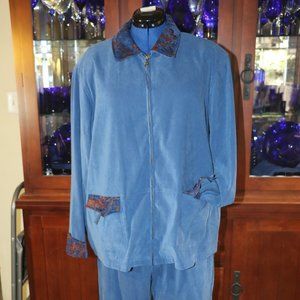 Susan Graver Style French Blue Suede-like Pantsuit with Tapestry Accents- 1X